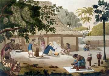 Vida doméstica em Kupang, Timor, prato 10 de &39;Le Costume Ancien et Moderne&39; de Jules Ferrario, publicado em c.1820s-30s